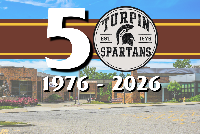 exterior photo of turpin high school with the 50th anniversary logo next to the number "5" so it appears to say "50" with "1976-2026" underneath it